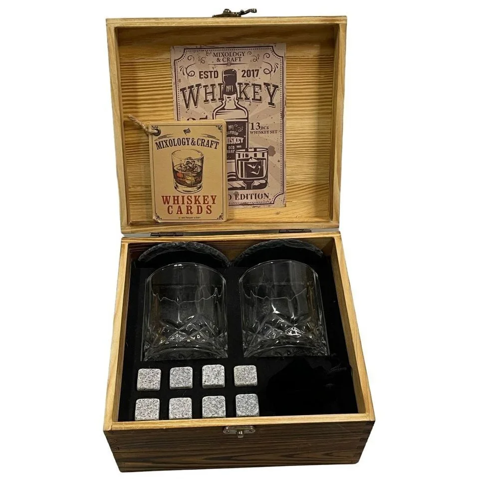 Mixology & Craft Whiskey Glass Stones Coasters Cards‎ Wooden Gift Box